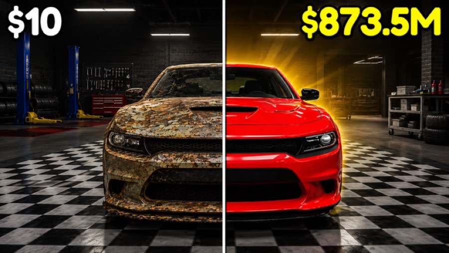 Split image of a rusted Dodge Charger priced at $10 next to the same car restored and priced at $873.5M