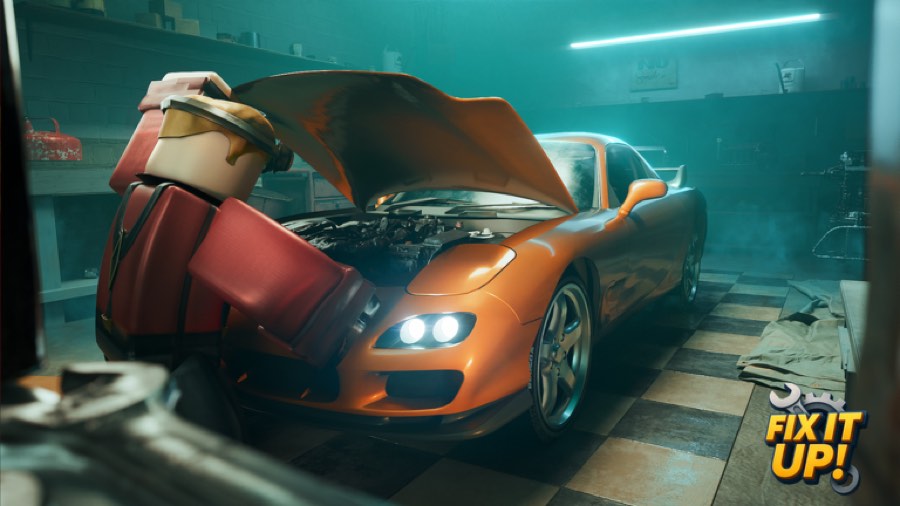 Orange sports car with its hood open on a lift inside a teal-lit workshop bay