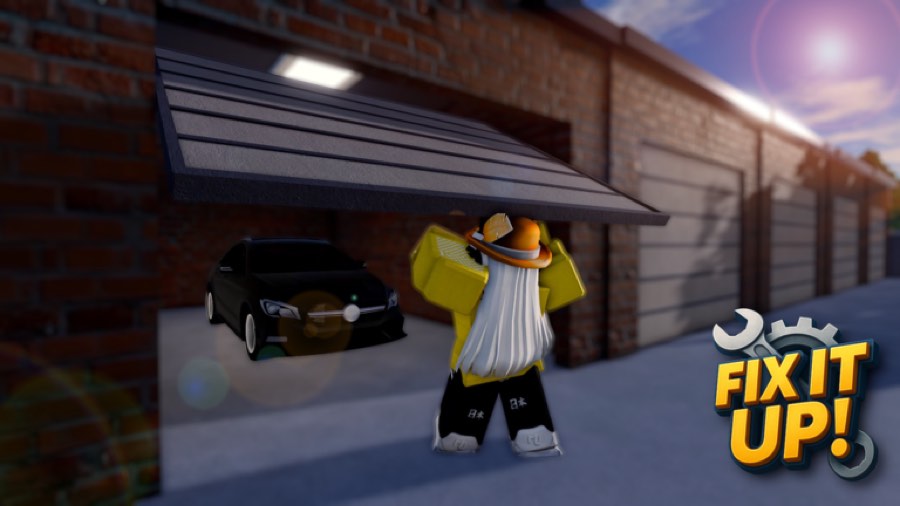 Roblox avatar standing outside a suburban garage with a black car parked inside